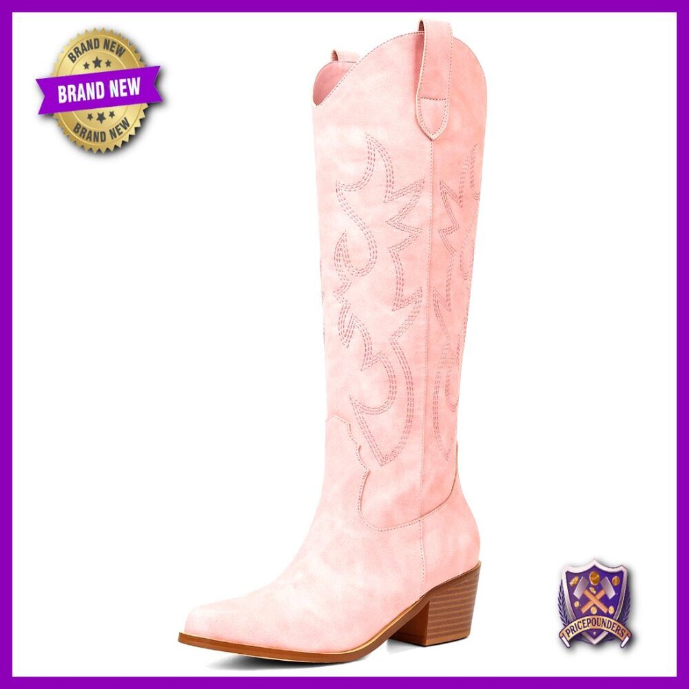 Knee High Cowboy Boots Wide Calf Embroidered Retro Chunky Heel Pull On